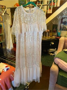 Mac Duggal Blush Pink Embroidered Tulle Midi Dress